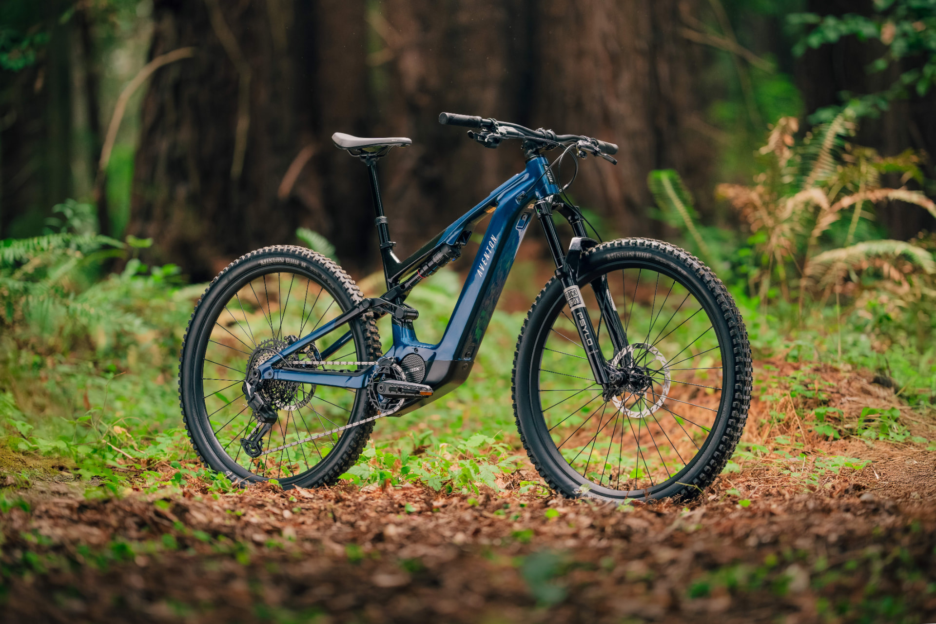 Bicicleta eléctrica Aventon de montaña aparcada sobre el suelo del bosque